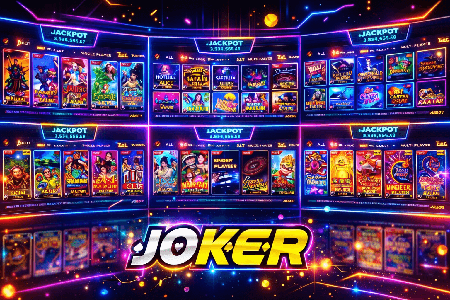 Vibrant Joker casino interface featuring neon lights, game thumbnails, and multiple digital jackpot displays.