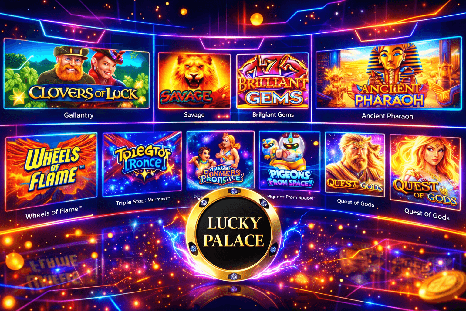 Neon interface displaying various themed slot game icons around a central Lucky Palace logo.
