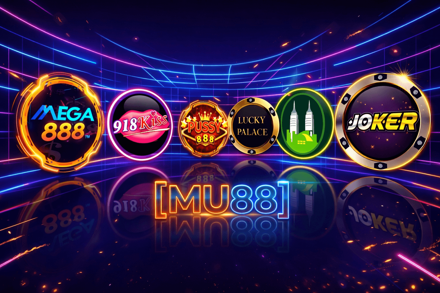 Neon banner featuring online casino logos like Mega888 and Joker above a glowing MU88 sign.