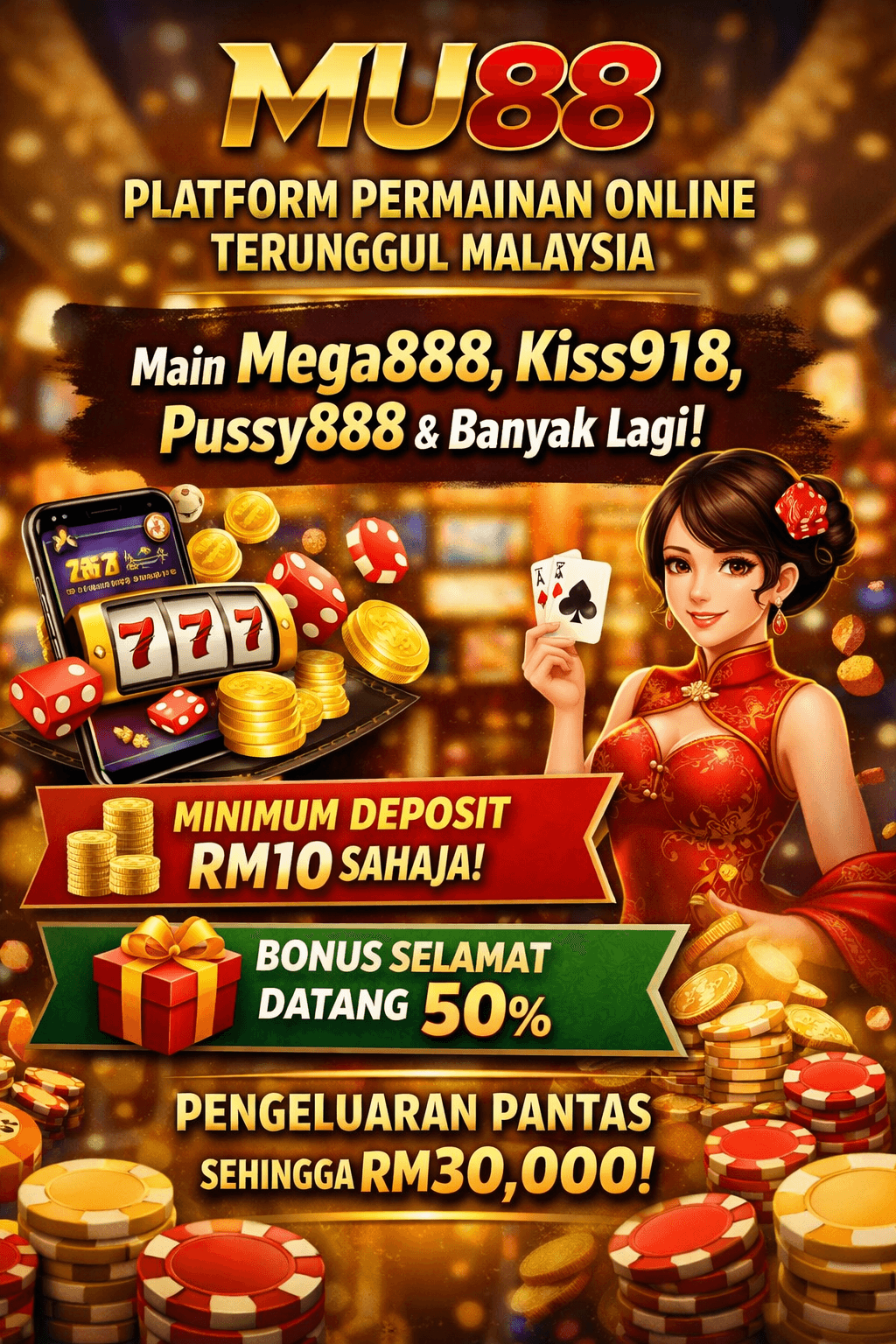 MU88 Malaysian online gaming advertisement featuring a woman, slot machine, dice, and gold coins.