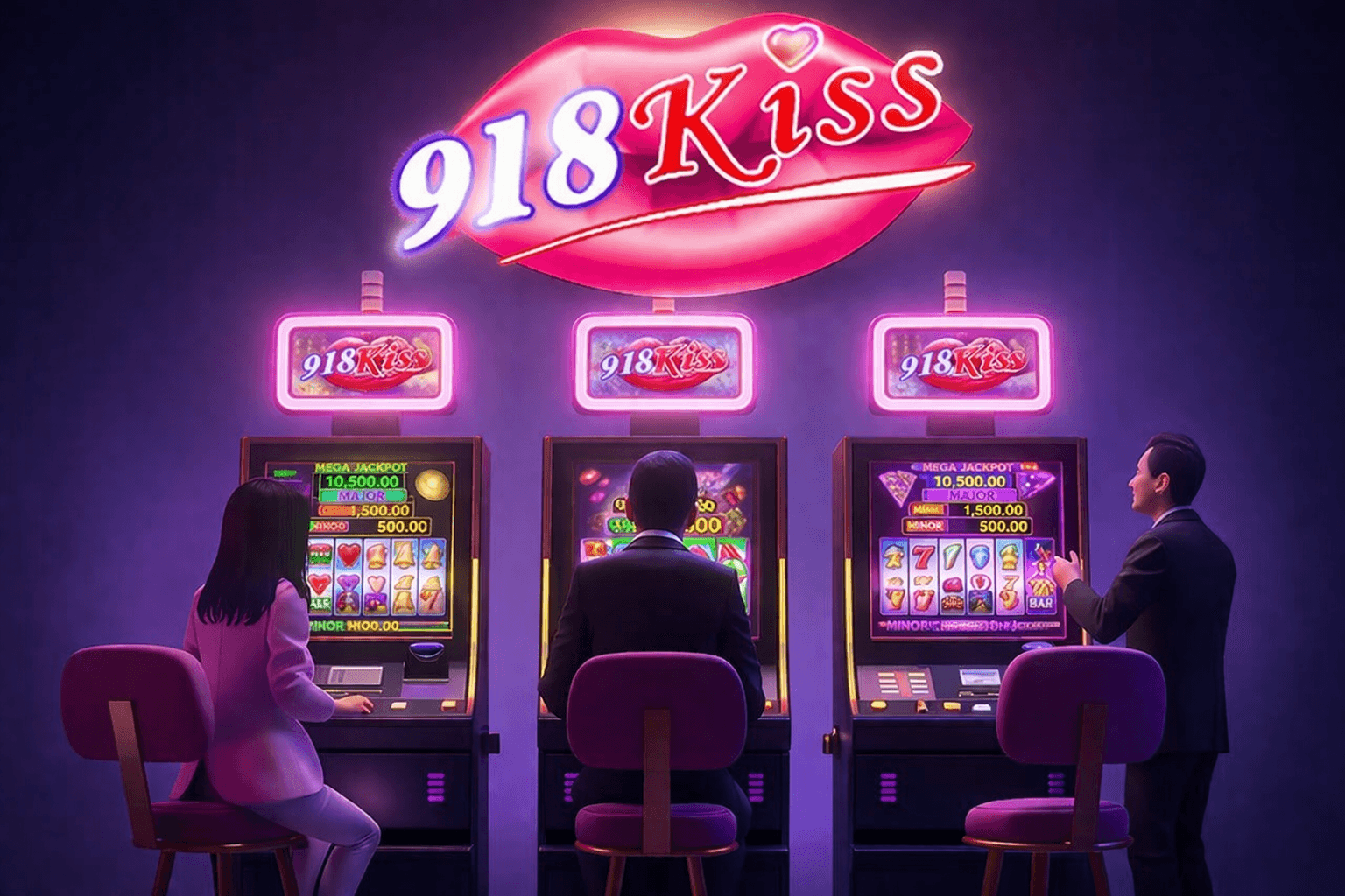 Three people playing slot machines under a large neon 918Kiss sign in a purple casino.