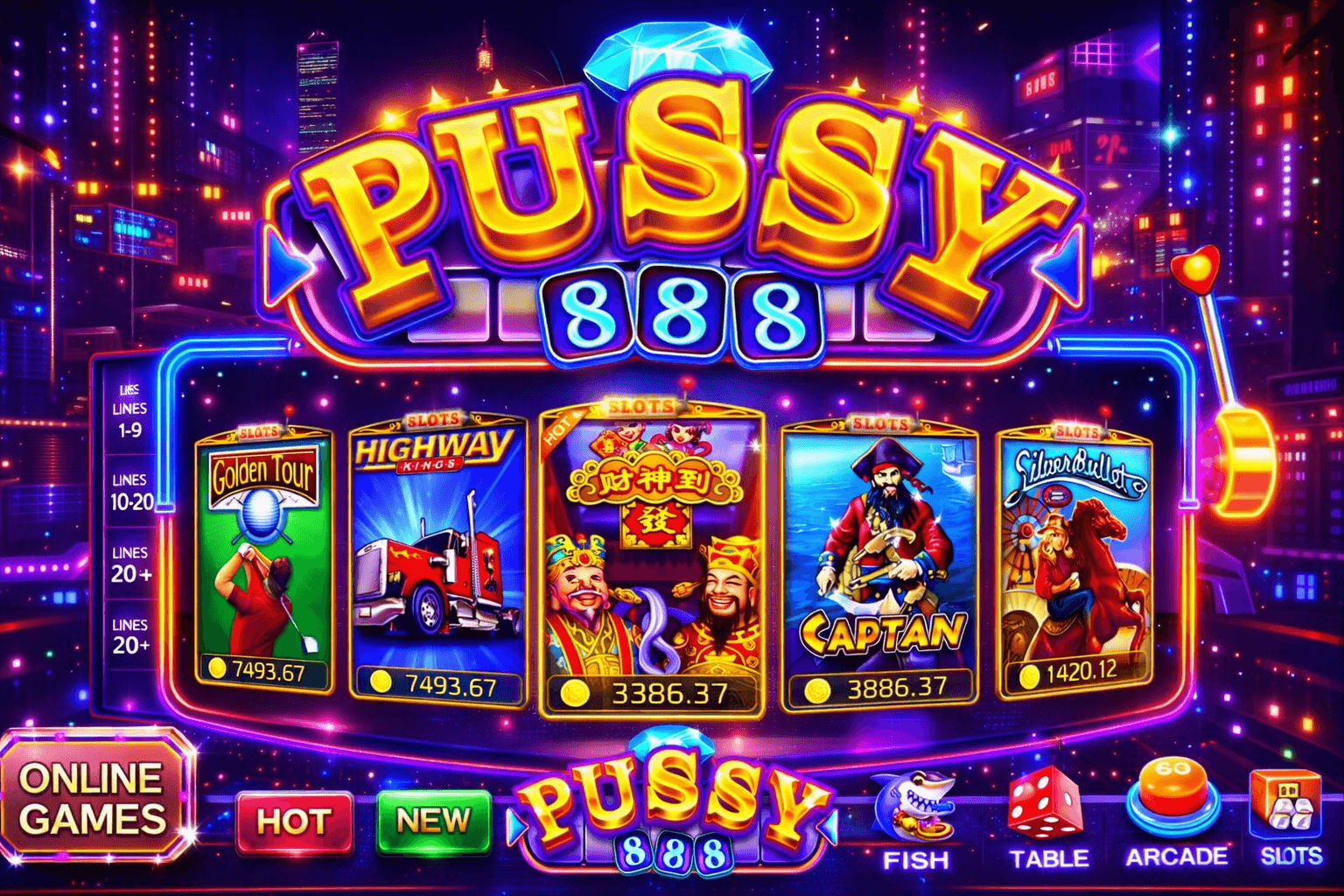 Vibrant neon interface for Pussy 888 online casino featuring various themed slot game options.