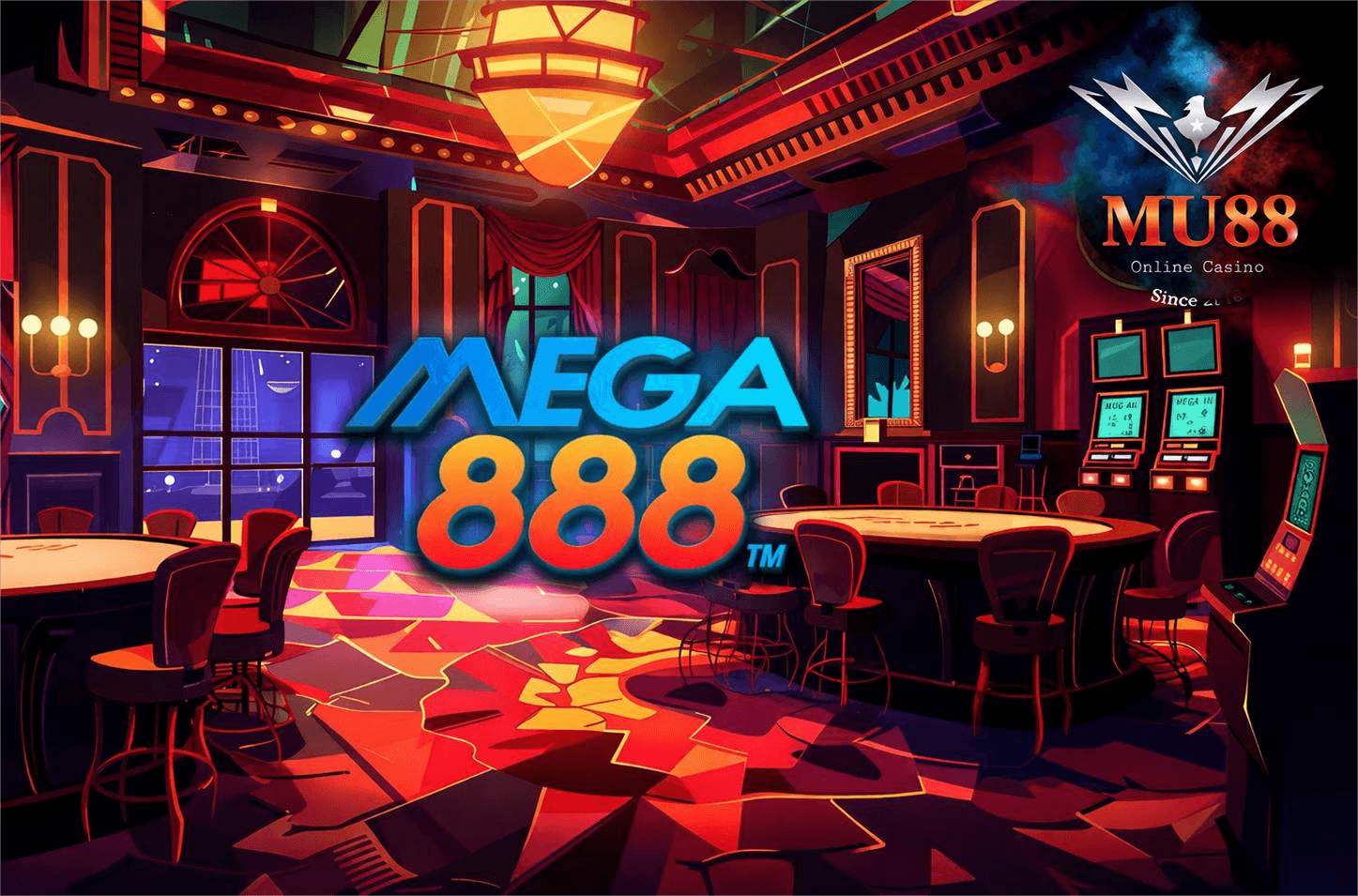 Vibrant neon casino interior featuring gaming tables, slot machines, and the Mega 888 logo.