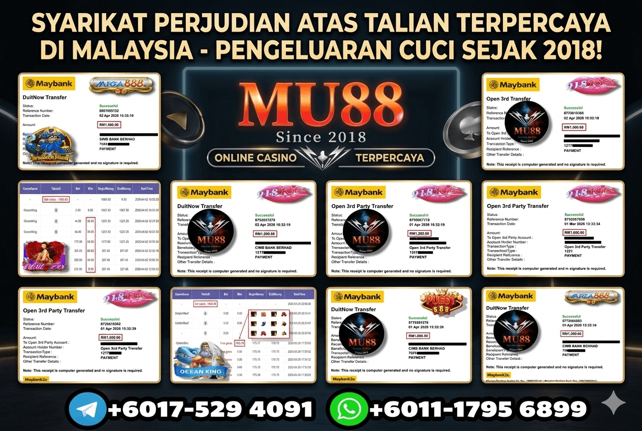 MU88 online casino advertisement displaying Maybank transaction receipts as proof of successful payouts in Malaysia.