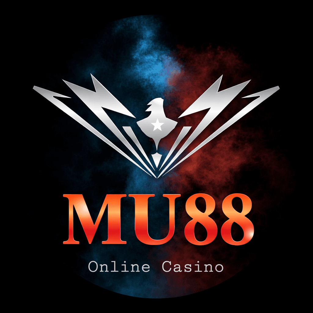 MU88 Online Casino logo with silver eagle icon against a blue and red smoky background.