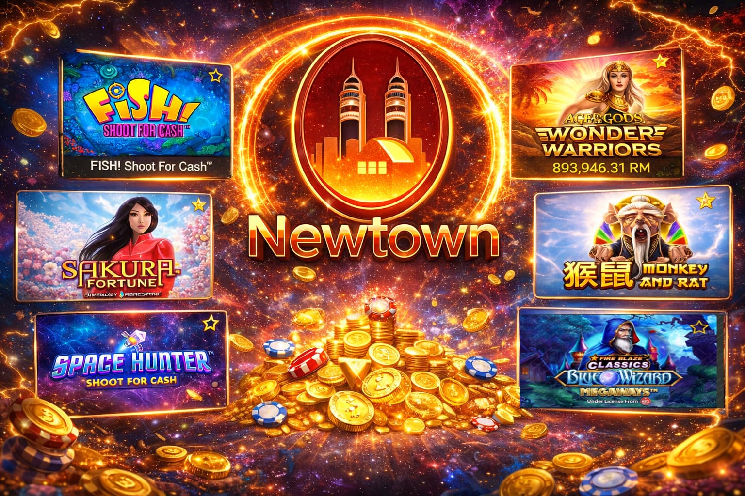 Newtown casino banner showcasing slot game tiles, gold coins, and chips against a cosmic backdrop.