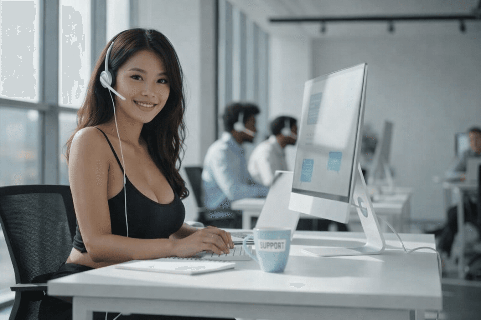 Smiling woman wearing a headset works at a computer in a modern support office.