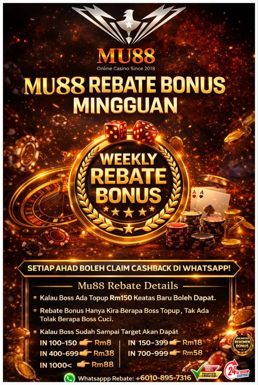 MU88 online casino advertisement for weekly rebate bonus featuring dice, cards, and poker chips.