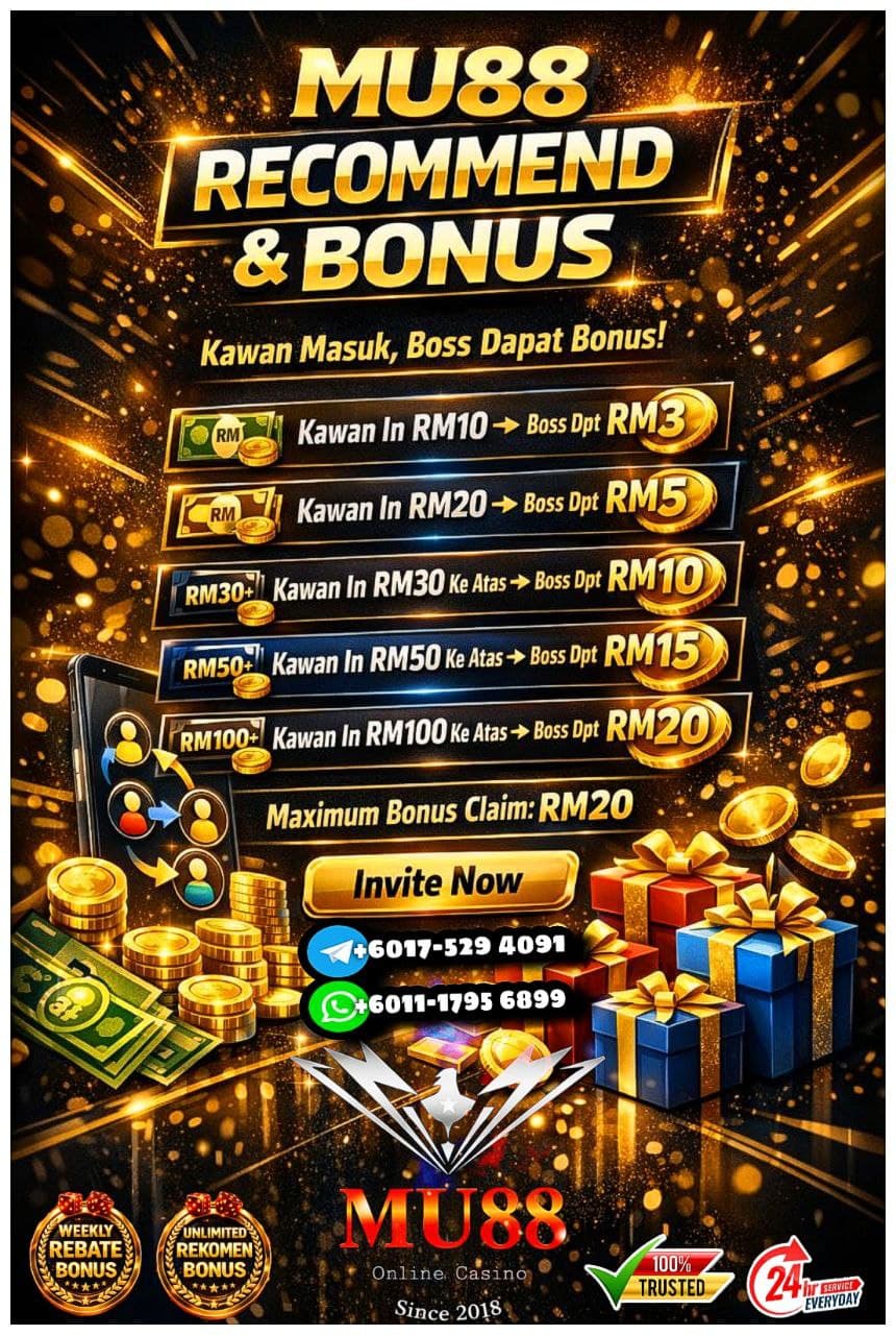 MU88 online casino referral bonus advertisement featuring tiered rewards, gold coins, and gift boxes.