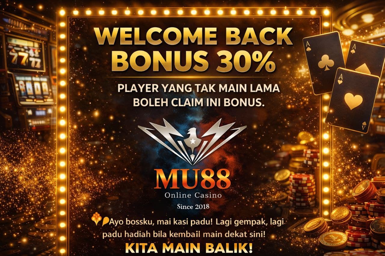 Golden MU88 casino banner featuring a 30% welcome back bonus, slot machines, and cards.