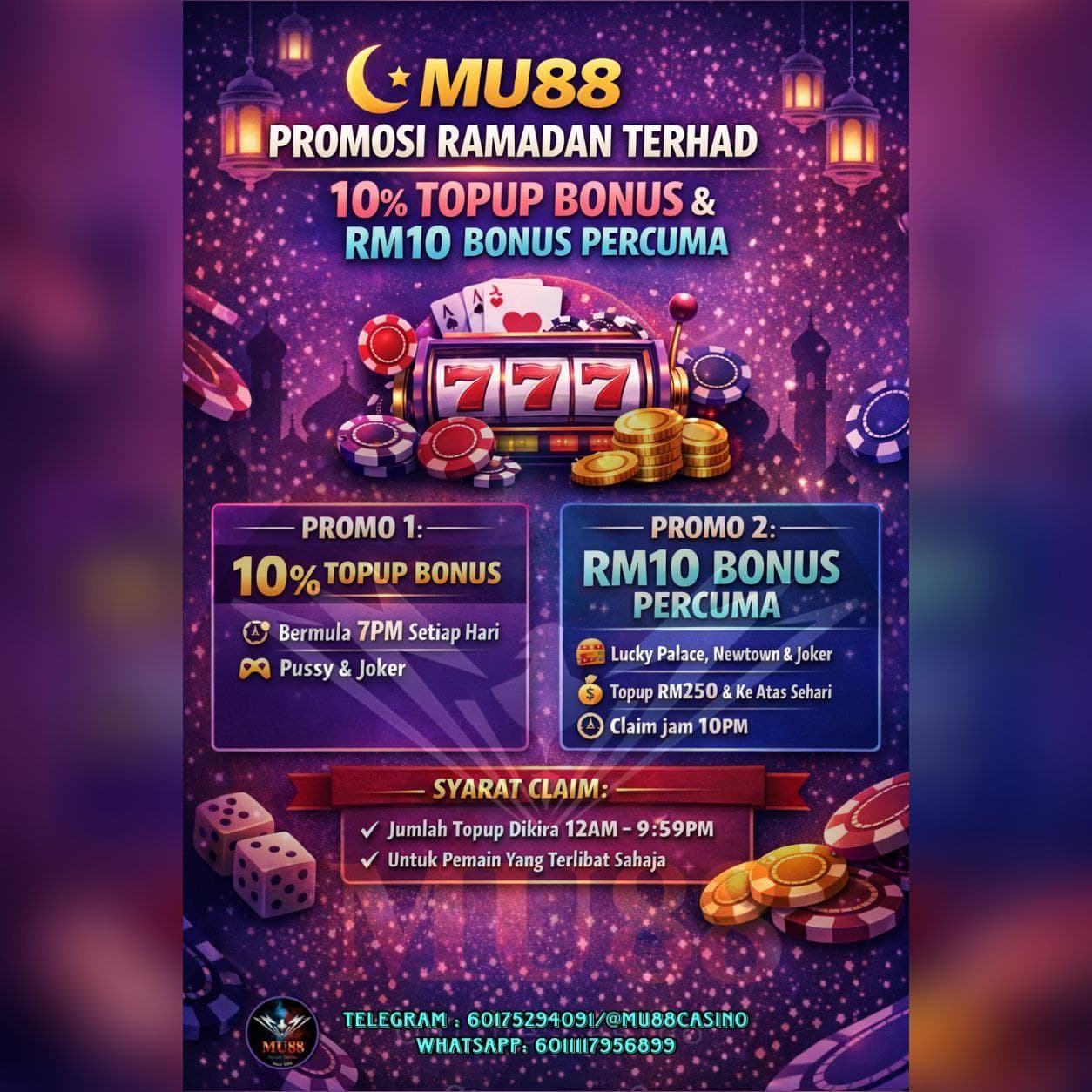 MU88 Ramadan promotion flyer featuring a slot machine, casino chips, and top-up bonus offers.