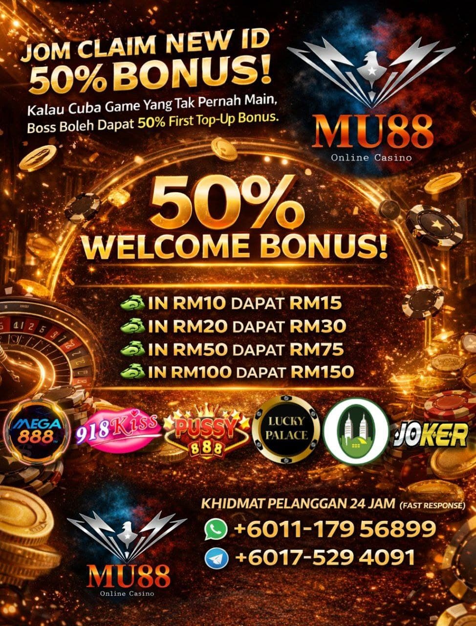 MU88 Online Casino advertisement promoting a 50% welcome bonus with gold coins and casino chips.